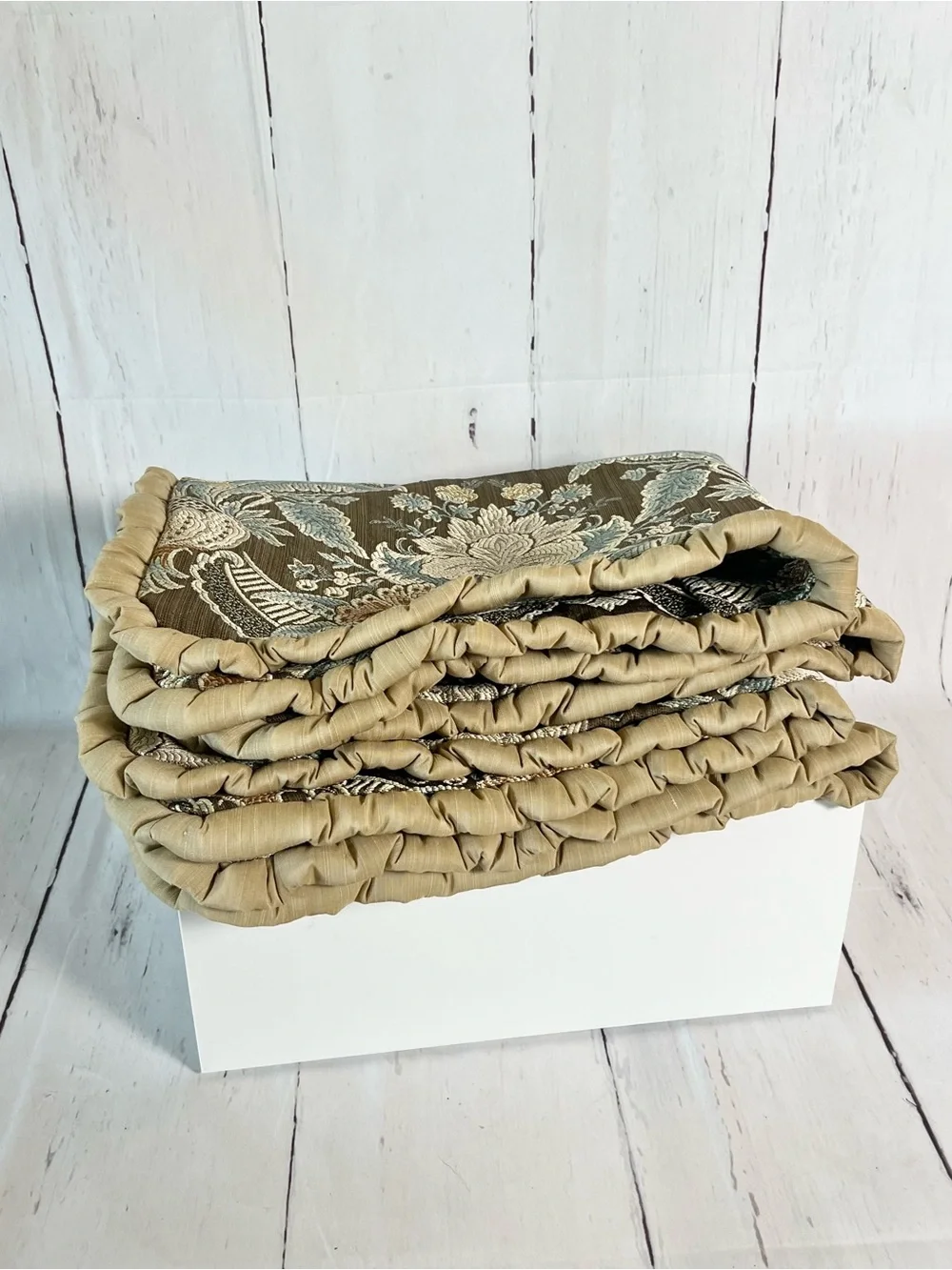 Vintage Jacquard Paisley Pillow Shams Set of 2 Ruffled Taupe Blue Cottagecore